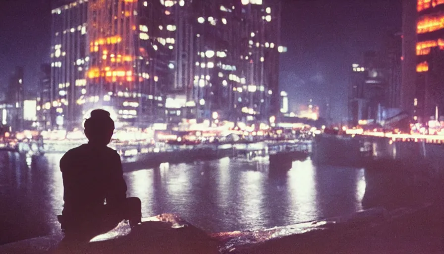 Image similar to 80s asian neon movie still with a man smoking cigarette by the river at night with lights city lights behind his back. Fallen angels still. hyperrealistic, high definition, medium format photography, highly detailed, tehnicolor