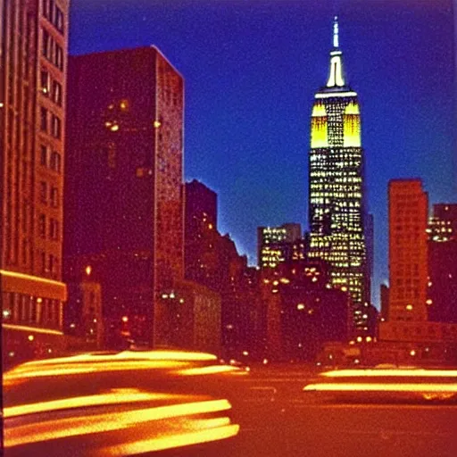 Prompt: Beautiful colored-photo cameraphone 1988 soft Photograph of New York city a night