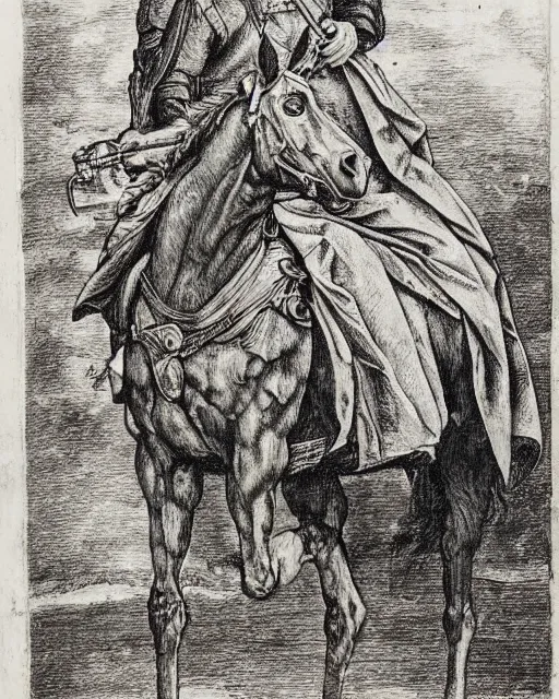 Image similar to man on horse, fine details, photorealistic, intricate complexity, extremely detailed, very sharp, in the style of albrecht durer,