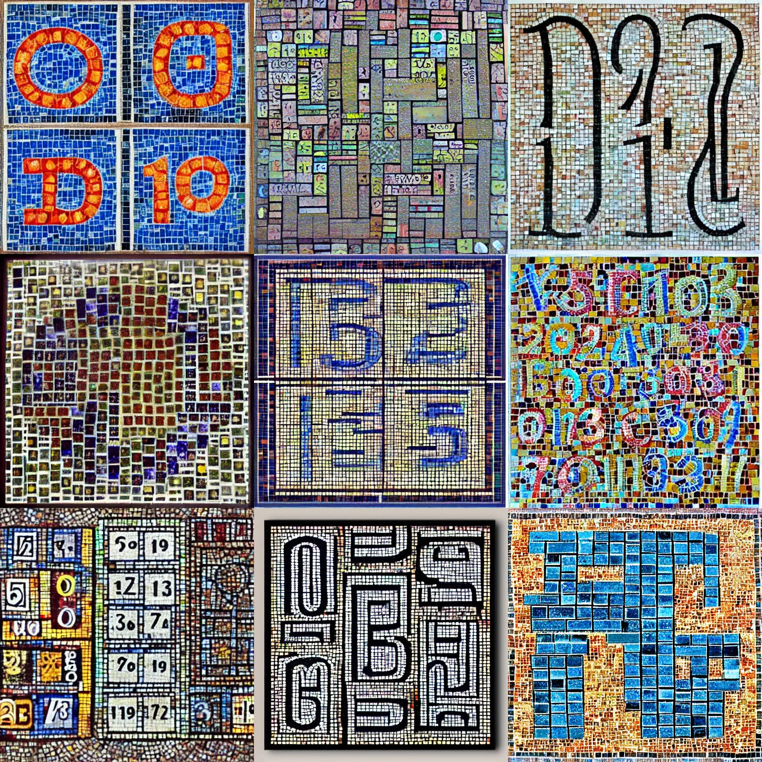 Prompt: the whole numbers 1 to 4 written on a mosaic