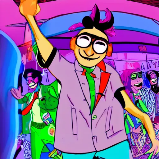 Image similar to high photo detailed of the adult version Otto Rocket dancing at a rave