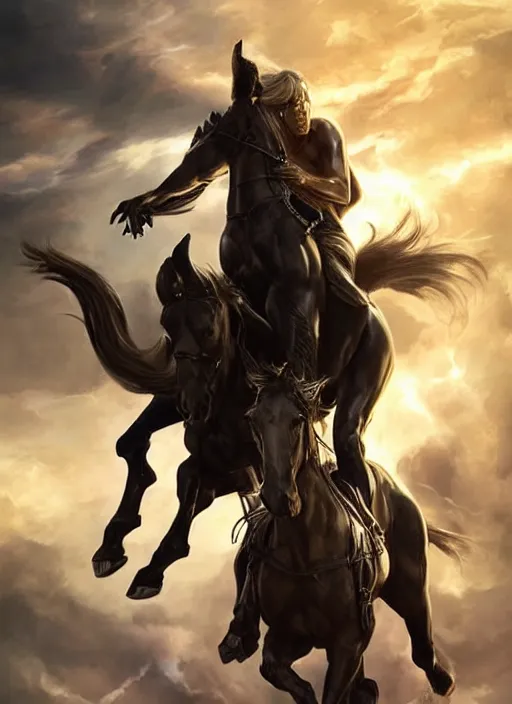 Image similar to the first horseman of the apocalypse riding a strong big black stallion, horse is running, the rider is carrying the scales of justice, artwork by artgerm and rutkowski, breathtaking, dramatic, full view