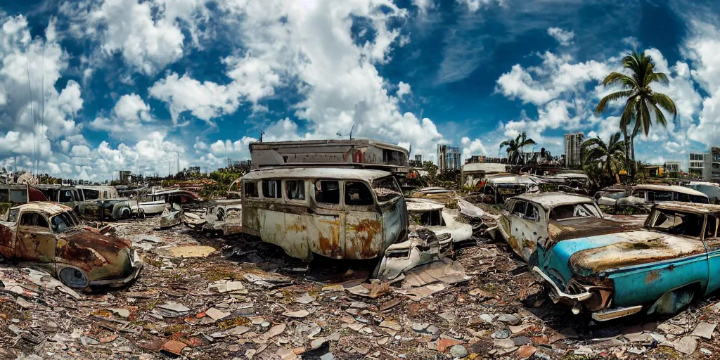 Image similar to wide angle shot of dilapidated fallout 5 miami, tropical coastal city, desolate, dilapidated, some rusted retro futuristic vintage parked vehicles like cars, buses, trucks, trams, sunny weather, few clouds, volumetric lighting, photorealistic, daytime, spring, sharp focus, ultra detailed, technicolour 1
