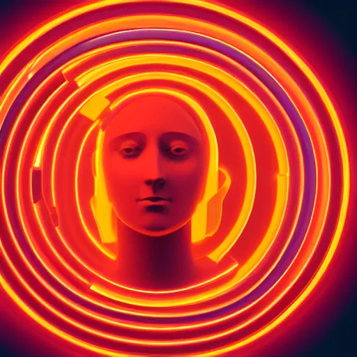 Image similar to a neon circle surrounding the head of a renaissance statue, 3 d render