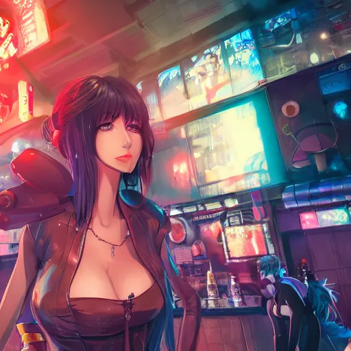 Image similar to Anime Girl in a cyberpunk city bar, full body, beautiful face, fantasy, medieval, vivid colors, elegant, concept art, sharp focus, digital art, Hyper-realistic, 4K, Unreal Engine, Highly Detailed, HD, Dramatic Lighting by Brom, trending on Artstation