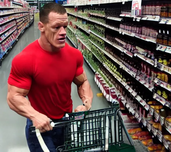 Image similar to a dramatic shot of John cena crying while shopping at HEB