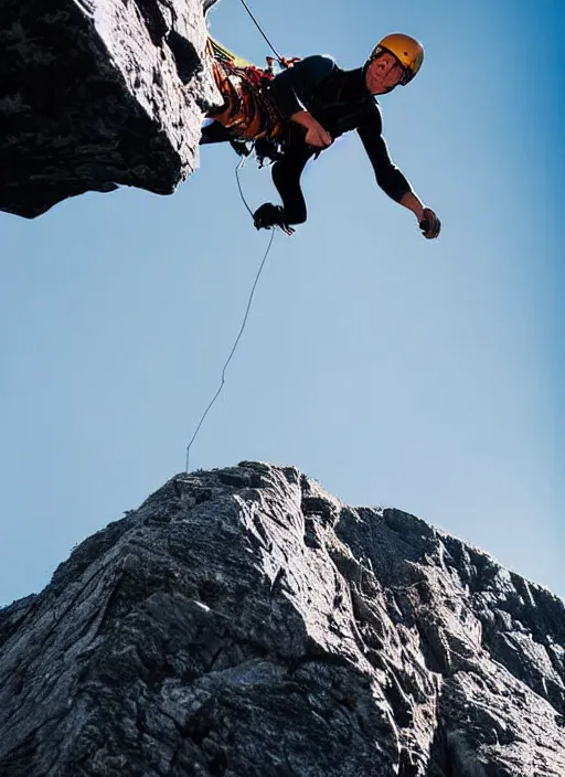 Prompt: telelens shot of a mountain climber free soloing a very steep mountain made up entirely out of french fries, sports photo,