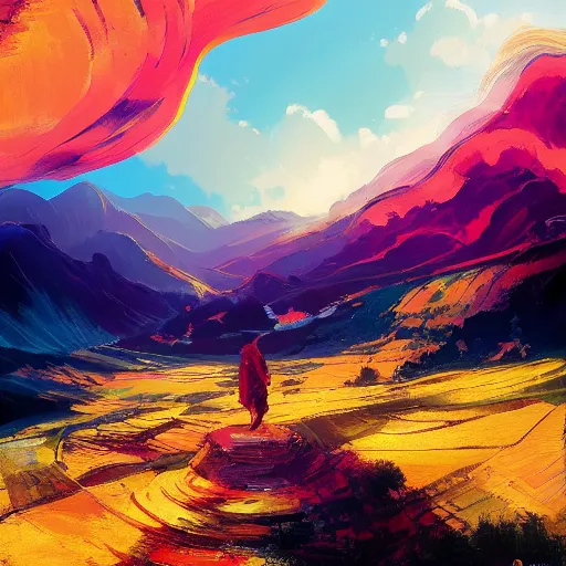 Image similar to yunnan province, fields landscape, by anato finnstark, by alena aenami, by john harris, by ross tran, by wlop, by andreas rocha