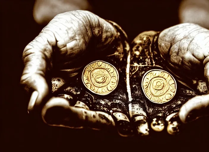 Prompt: old retro burnt out sepia photograph with scratches of an old and wrinkled hand with five fingers!! holding a few golden coins with royal engravings. magical forest in the background with bokeh. Antique. High quality 8k. Intricate. Sony a7r iv 35mm. Award winning. Zdzislaw beksinski style