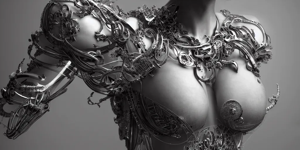 Image similar to hyper realistic photography of a stunningly beautiful cyborg female, plated arm, intimate, chest, holding close, ribbons, in the style of beth cavener, jin kagetsu,, and wlop, highly detailed, intricate filigree, symmetry, masterpiece, award winning, sharp focus, concept art, highkey lighting, ambient lighting, octane render, 8 k, artstation