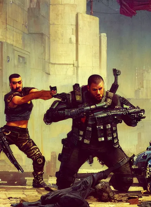 Image similar to big mike fighting javier. cyberpunk meathead wearing a military vest and combat gear. Meathead trying to intimidate cyberpunk hacker. (Cyberpunk 2077, bladerunner 2049). Iranian orientalist portrait by john william waterhouse and Edwin Longsden Long and Theodore Ralli and Nasreddine Dinet, oil on canvas. Cinematic, hyper realism, realistic proportions, dramatic lighting, high detail 4k