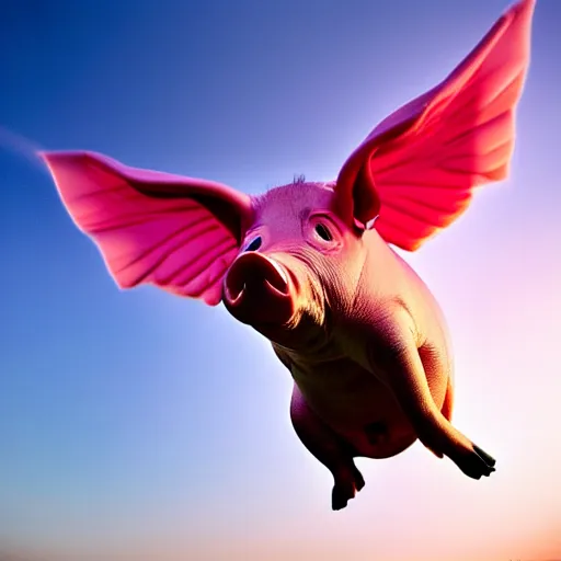 Prompt: national geographic photograph of a flying pig with big pink wings, daylight, outdoors, wide shot