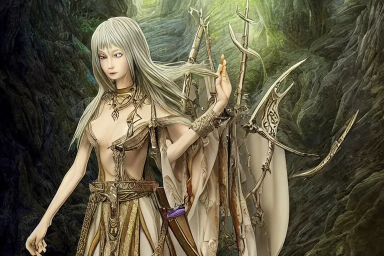 Image similar to tonemapped elven priestess by hayao miyazaki, highly detailed,