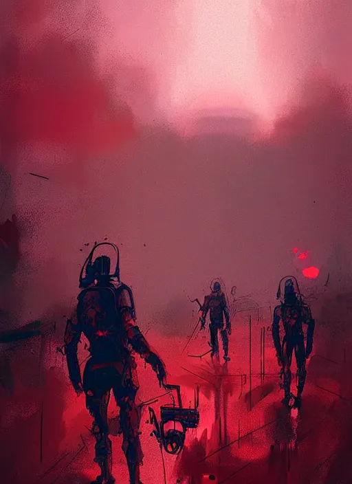 Image similar to horror art, meta - human troopers in a muddy trench, red vortex sky in the background, art by ismail inceoglu