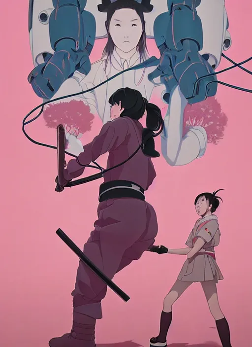 Image similar to Artwork by James Jean, Phil noto and hiyao Miyazaki; a young Japanese future samurai police girl named Yoshimi battles an enormous looming evil natured carnivorous pink robot on the streets of Tokyo; Japanese shops and neon signage; crowds of people running; Art work by studio ghibli, Phil noto and James Jean