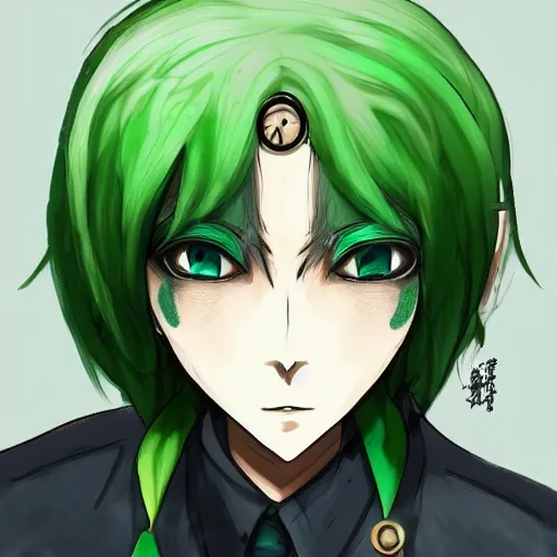 Image similar to portrait of a man with green hair, with eyes that look like a clock, anime style, trending on artstation