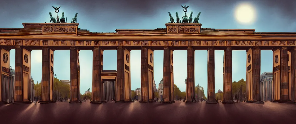 Prompt: brandenburg gate Germany, futuristic digital painting, concept art, skyline in back, in the style of Ralph Mcquarrie, warm lighting, trending on artstation, high detail, sci fi, bright colours, vivid colours