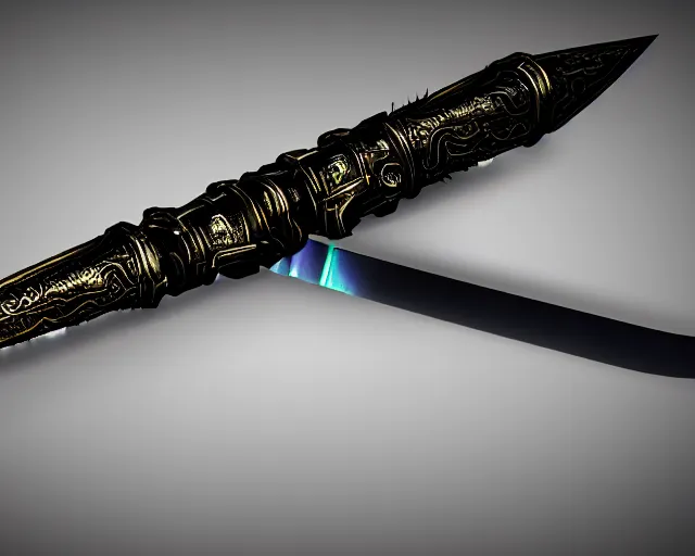 Image similar to legendary cybernetic full long sharp sword lying flat on a glowing table with a black and iridescent sword blade, digital award winning hd matte painting, intimate dark moody, intricate, ornate spikes, colorful gems on hilt, detailed realistic raytraced blade, future golden technological pommel, deviantart