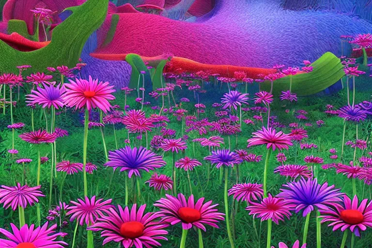 Image similar to beautiful field of giant gerber daisy flowers digital illustration by dr. seuss : 1 | colorful surreal psychedelic megaflora forest by beeple : 1