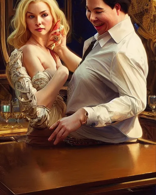 Image similar to Portrait of a  blonde lady and Michael mcintyre dancing on a table at Archer Street Soho,real life skin, intricate, elegant, highly detailed, artstation, concept art, smooth, sharp focus, art by artgerm and greg rutkowski and alphonse mucha