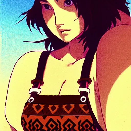 Image similar to a beautiful plus sized model japanese natalie portman, alluring plus sized model with brown skin, wearing mayan leotard with overalls, street fashion hip hop style with mayan patterns, aztec street fashion, gapmoe yandere grimdark, trending on pixiv fanbox, painted by greg rutkowski makoto shinkai takashi takeuchi studio ghibli, akihiko yoshida