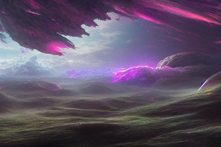 Prompt: a psychedelic realm with rolling plains made out of clouds, and torn rift in the sky that leads into another galaxy in another universe, in the style of wlop, illustration, epic, fantasy, hyper detailed, smooth, unreal engine, sharp focus, ray tracing