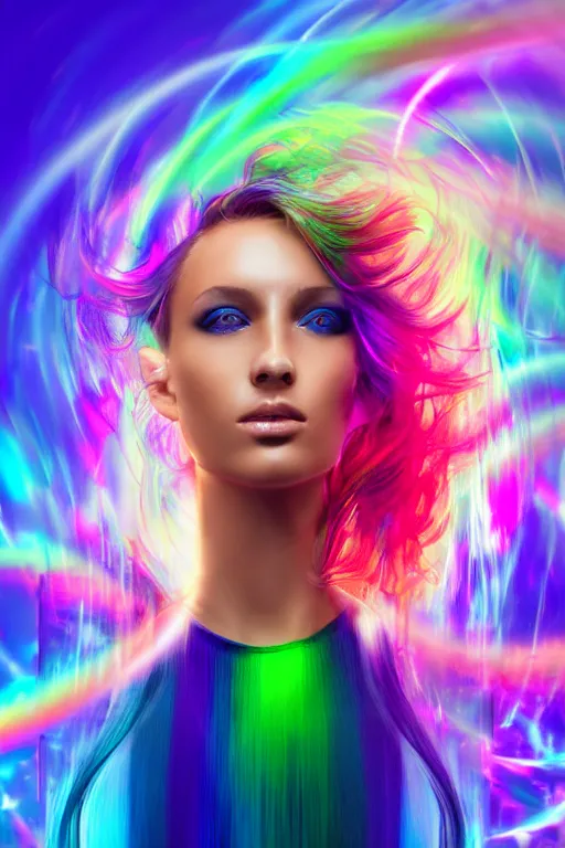 Image similar to a award winning half body portrait of a beautiful woman with stunning eyes in a croptop and cargo pants with rainbow colored ombre hairstyle head in motion and hair flying by thomas danthony, surrounded by whirling illuminated liquids and lines, outrun, vaporware, shaded flat illustration, digital art, trending on artstation, highly detailed, fine detail, intricate