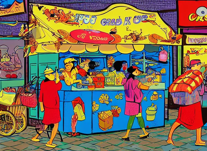 Image similar to a whimsical storybook illustration of crab sellers, tourism, lowbrow pop art style