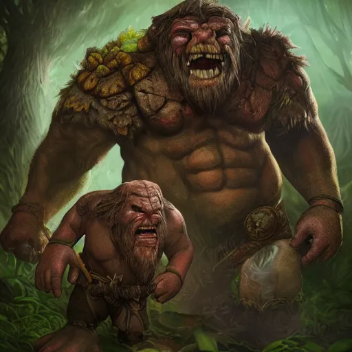 Image similar to giant dungeons and dragons ettin giant with two heads, ettin from dungeons and dragons, dnd in a dark forest, digital art, high quality render, artstation, 8 k, photograph quality, ultrahd