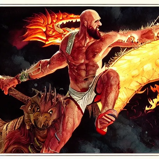 Image similar to a detailed rendition of kratos as lebron james riding a gigantic fire breathing dragon, art by norman rockwell