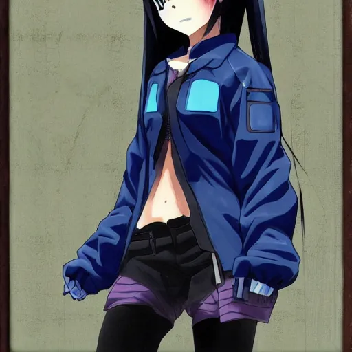 Image similar to rika furude from higurashi wearing techwear, oil on canvas