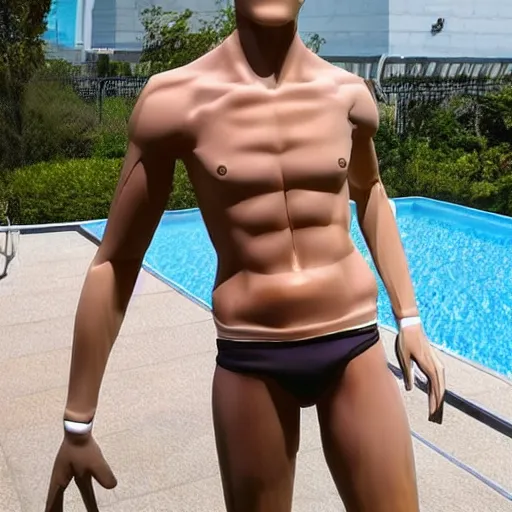 Image similar to a realistic detailed photo of a guy who is an attractive humanoid who is half robot and half humanoid, who is a male android, soccer player martin ødegaard, shiny skin, posing like a statue, blank stare, by the pool, on display, showing off his muscles, mannequin stand