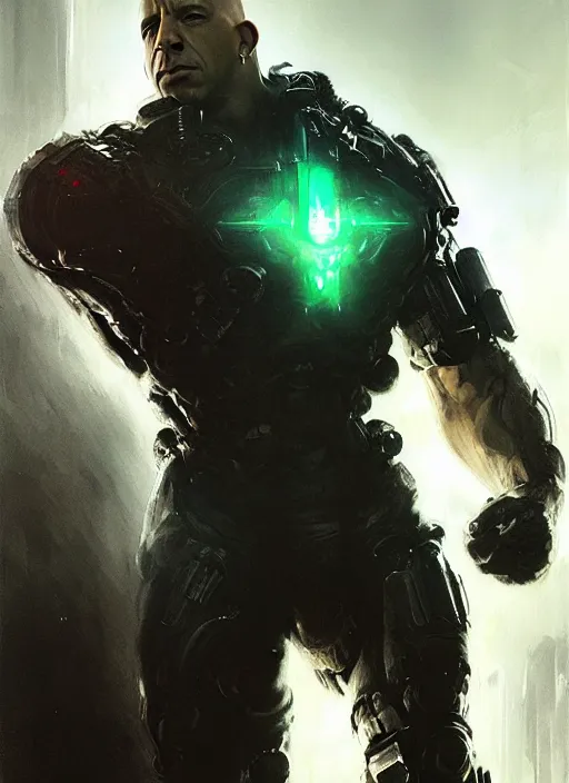 Image similar to vin diesel as victor stone, full body concept, cyborg, borg, strogg, face of a man, terminator, flesh, quake strogg, doom demon, wolfenstein, monstrous, powerful, symmetry, symmetrical, concept art by ruan jia and greg rutkowski