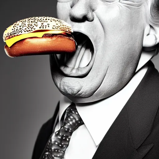 Image similar to donald trump licking a burger with his tongue out, mmmmm, studio portrait photo, studio lighting, key light, food photography