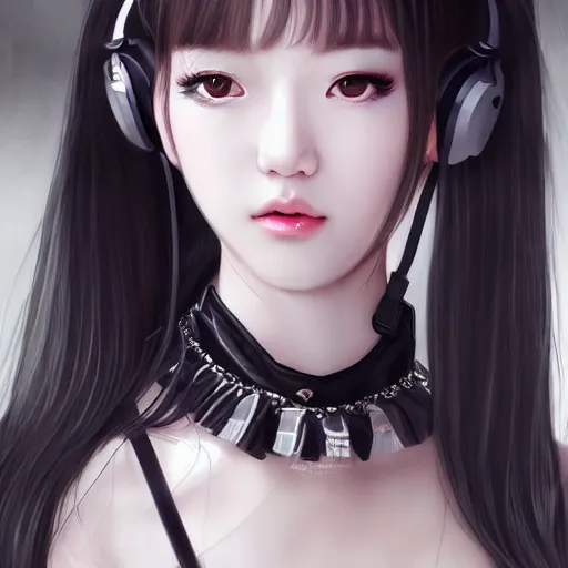 Image similar to realistic detailed semirealism beautiful gorgeous natural cute Blackpink Lalisa Manoban black hair black cat ears, wearing white camisole outfit, headphones, black leather choker artwork drawn full HD 4K high resolution quality artstyle professional artists WLOP, Aztodio, Taejune Kim, Guweiz, Pixiv, Instagram, Artstation