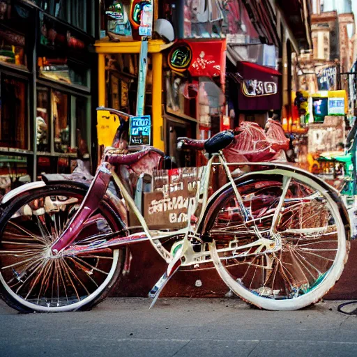 Prompt: bicycle made of charcuterie, meat cycle, beef bike, flesh bicycle, glisten, oily, dripping, mechanical, street photography, cityscape,