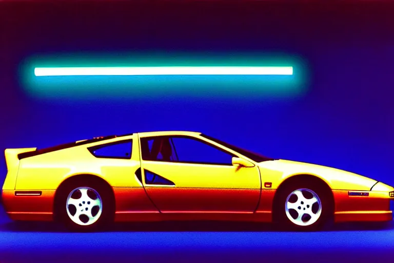 Image similar to designed by giorgetto giugiaro stylized poster of a 1 9 9 0 nissan 3 0 0 zx with thick neon lights as an ektachrome photograph with volumetric lighting cinematic eastman 5 3 8 4 film