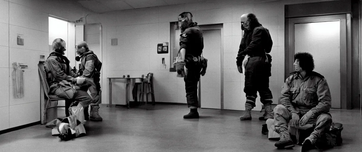 Prompt: filmic wide shot movie still 4 k uhd interior 3 5 mm film color photograph of two armed guards sitting down and talking in a break room in a military base, in the style of the horror film the thing 1 9 8 2