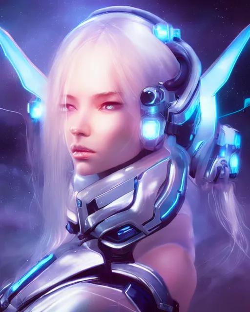 Image similar to perfect android girl on a mothership, warframe armor, beautiful face, scifi, futuristic, galaxy, nebula, raytracing, dreamy, long white hair, blue cyborg eyes, sharp focus, cinematic lighting, highly detailed, artstation, divine, by gauthier leblanc, kazuya takahashi, huifeng huang