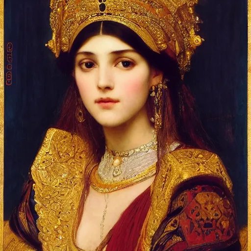 Prompt: orientalist portrait of a haughty princess wearing a golden tiara intricate portrait by john william waterhouse Edwin Longsden Long and Theodore Ralli and Henryk Siemiradzki, very coherent symmetrical artwork. Cinematic, hyper realism, high detail 8k