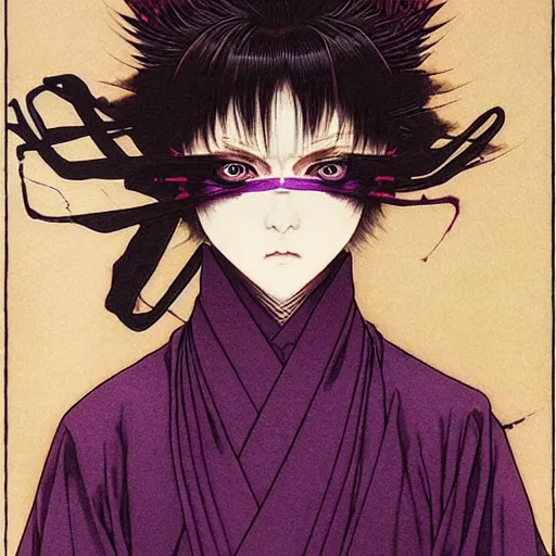 Image similar to prompt : portrait of muse soft light painted by takato yamamoto, purple rinnegan eyes, inspired by ninja anime, smooth face feature, intricate oil painting, high detail, sharp high detail, manga and anime