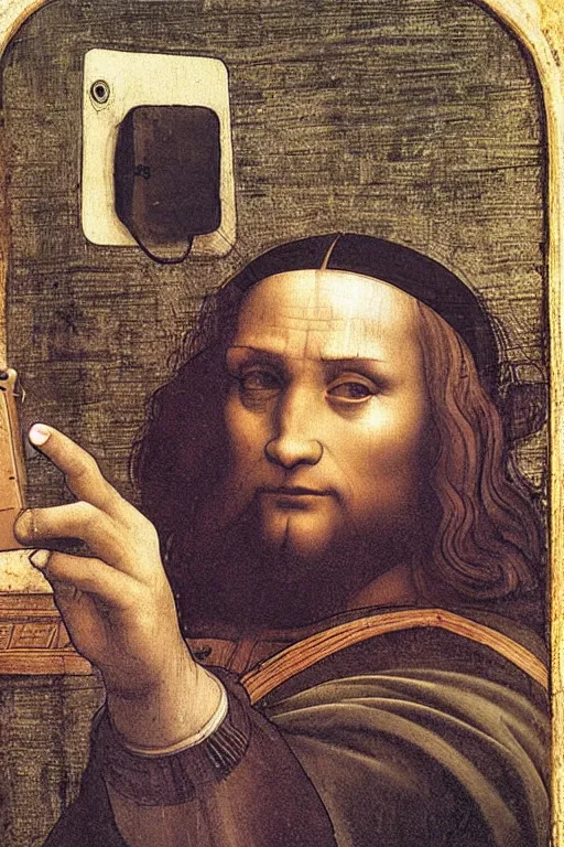 Prompt: leonardo da vinci taking a selfie