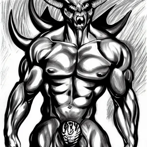 Image similar to full body drawing by Luke Starkie of a muscled horned Satan Devil , swimming tuxedo, red flames in background, artstation