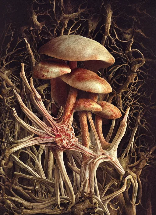 Image similar to magic mushroom with translucent skin, visible muscles and veins and arteries and bones and spines and nerves, beautiful detailed intricate insanely detailed octane render, 8k artistic photography, photorealistic, chiaroscuro, by David Cronenberg, Raphael, Caravaggio