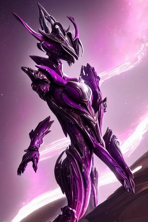 Prompt: galactic hyperdetailed elegant beautiful stunning giantess anthropomorphic mecha saryn prime female dragon goddess, sharp spines, sharp metal ears, smooth purple eyes, smooth fuschia skin, silver armor, bigger than galaxy, epic proportions, epic scale, epic size, warframe destiny fanart, furry, dragon art, goddess art, giantess art, octane render