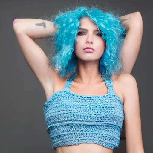 Image similar to A photo of a caucasian female model with blue hair wearing a crocheted croptop