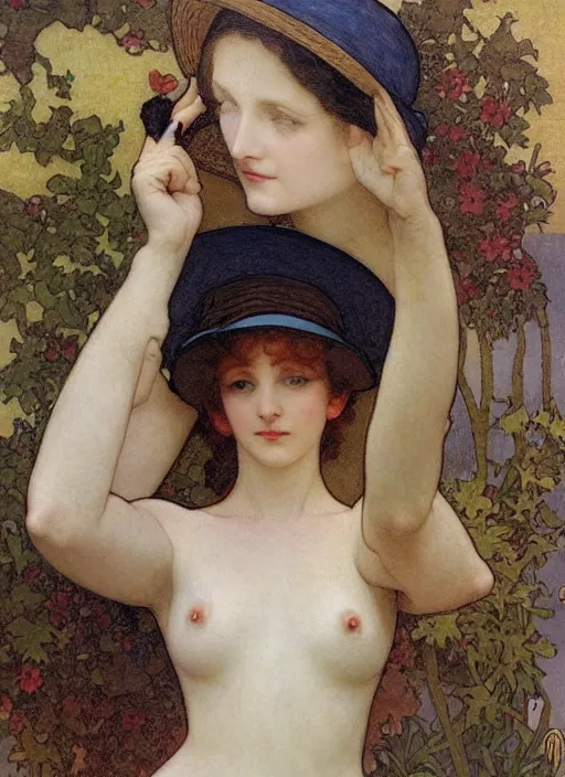 Prompt: leslie burke with straw hat, bouguereau and art nouveau mucha