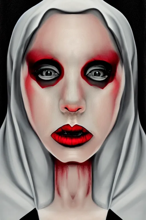 Prompt: portrait, digital painting, an evil nun, black habit, realistic, hyperdetailed, spooky, chiaroscuro, red rim lighting, black background, concept art, art by roy lichtenstein