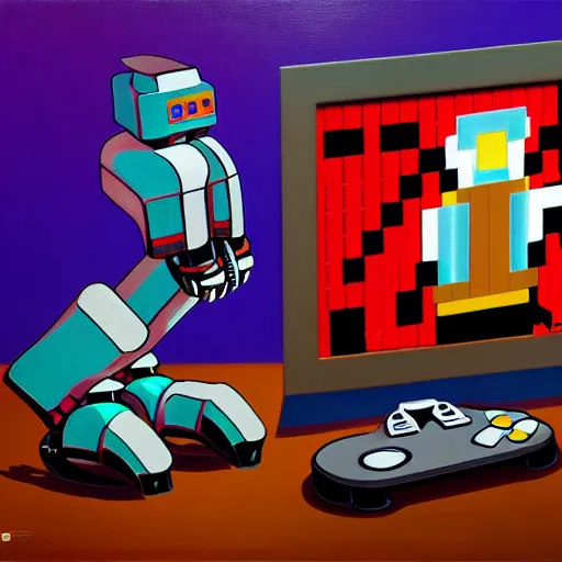 Prompt: an elaborate robot holding a retro game controller in its hand, on screen 8 - bit video game shown in background, intricate details, hyperrealistic oil painting on canvas, depth field, hd, hdr, 4 k, 8 k,