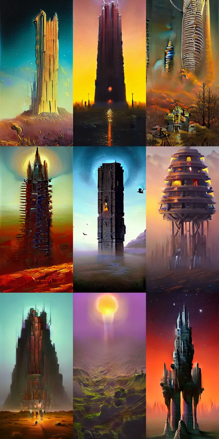 Prompt: beautiful oil painting, beautiful oil painting, beautiful oil painting, amazing unique highly detailed dark sci-fi retro cover art of the Impossible Tower by James Gurney and Greg Rutkowski and Simon Stalenhag, amazing unique highly detailed dark sci-fi retro cover art of the Impossible Tower by James Gurney and Greg Rutkowski and Simon Stalenhag, composition and color palette by Simon Stalenhag, composition and color palette by Simon Stalenhag, composition and color palette by Simon Stalenhag, composition and color palette by Simon Stalenhag, sci-fi inspiration from Jim Burns and Bruce Pennington, sci-fi inspiration from Jim Burns and Bruce Pennington, behold the great universe machine, atmospheric lighting, epic scale, dynamic angle, cinematic composition, sense of awe, sense of awe, wonder, anthropomorphic machine, anthropomorphic machine, luminous black hole portal, luminous black hole portal, intricate details, sense of perspective, artificial intelligence gods, artificial intelligence gods, destination at the end of a journey, fantasy elements, surrealism, award winning, genius, atmospheric, monumental, iconic, trending on art station